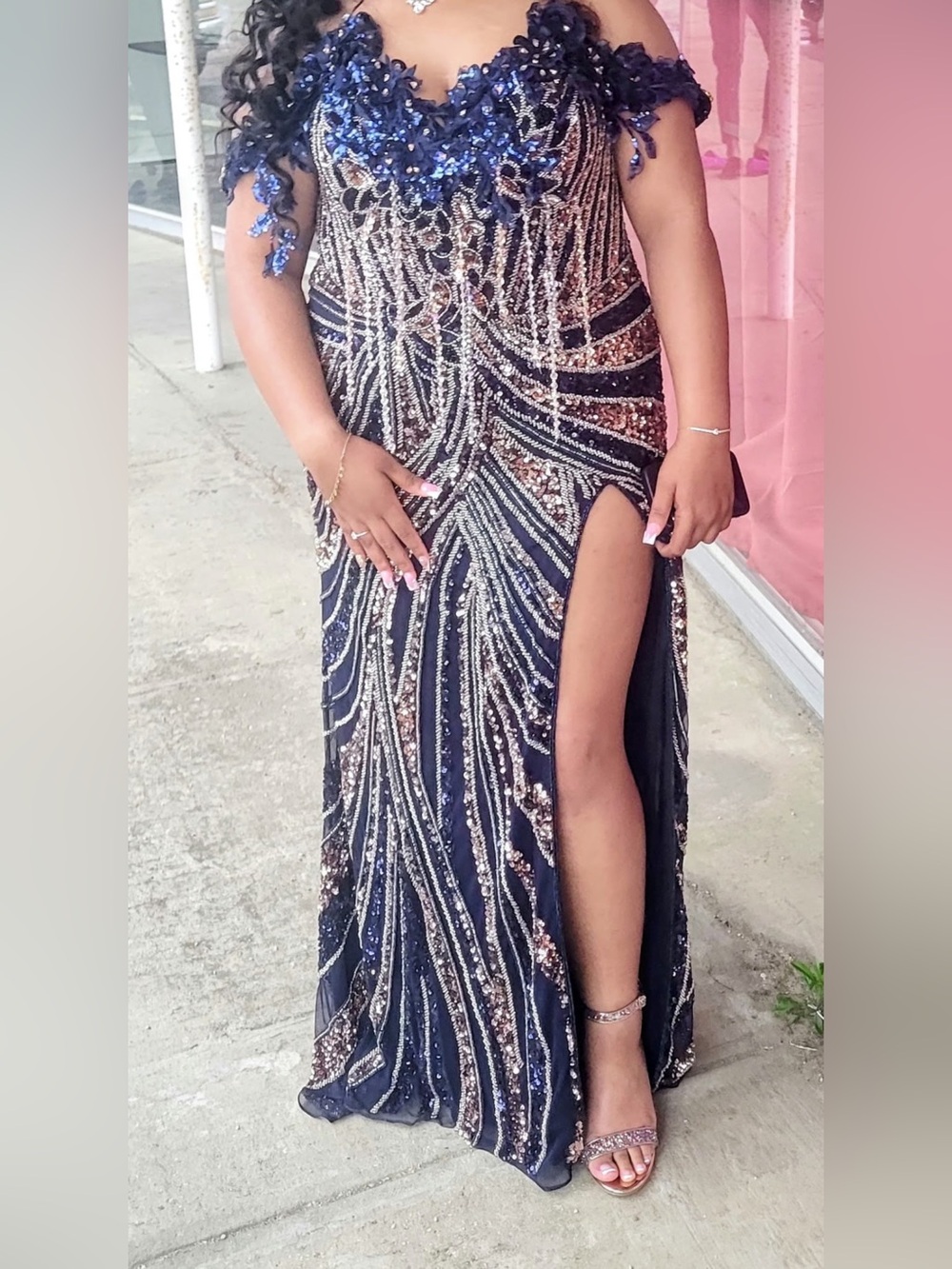 Elegant Navy Sequin Evening Gown with High Slit